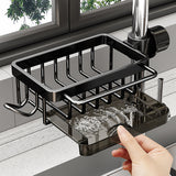 Organisateur évier robinet — Porte-éponge, chiffon & tampon acier inox avec égouttoir