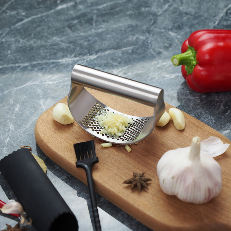 Presse-ail inox 430 multifonction — Écraseur, éplucheur & broyeur en anneau