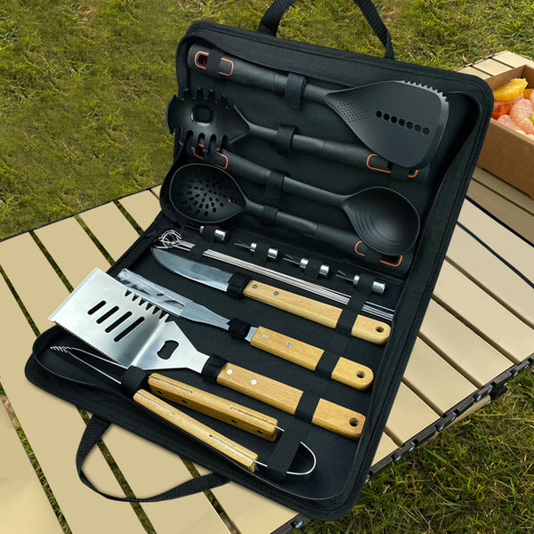 Kit ustensiles barbecue camping inox — Couteau, fourchette, cuillère & spatule coffret cadeau