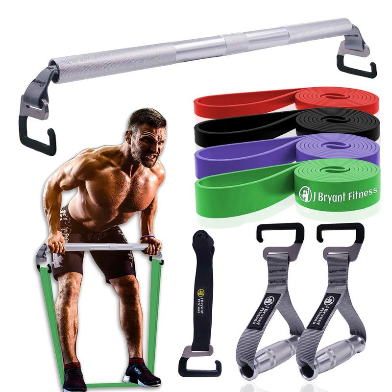 Barre de musculation avec bandes élastiques — Kit poignées & crochets renforcés squat & soulevé de terre