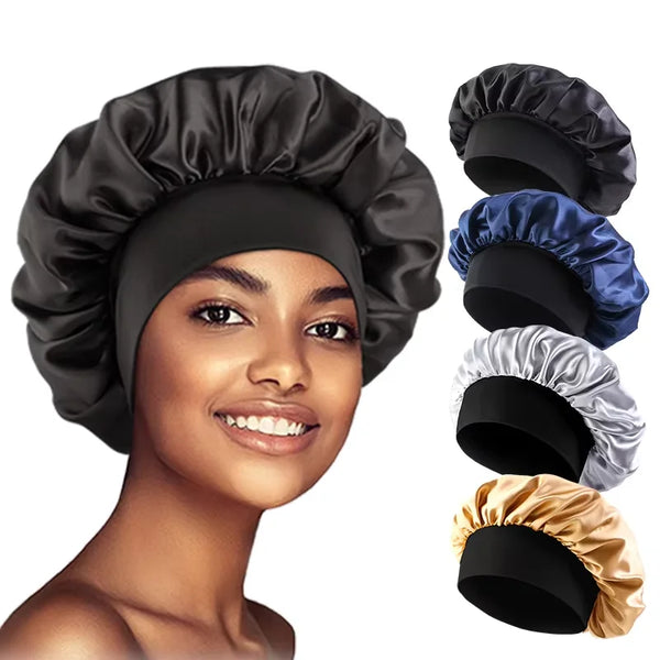Bonnet de nuit en satin uni pour femme, à large bord, pour le sommeil et le bain, unisexe, avec bande élastique, pour le soin des cheveux