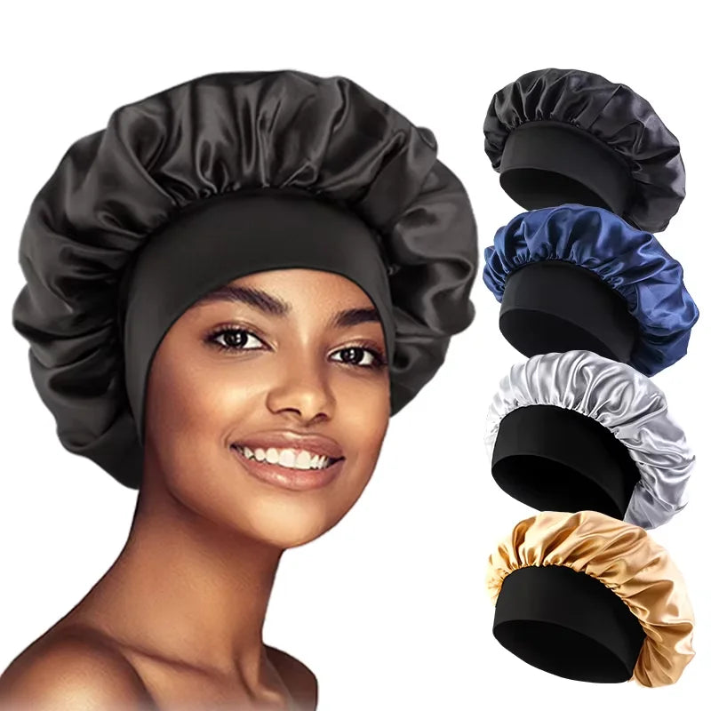 Bonnet de nuit en satin uni pour femme, à large bord, pour le sommeil et le bain, unisexe, avec bande élastique, pour le soin des cheveux